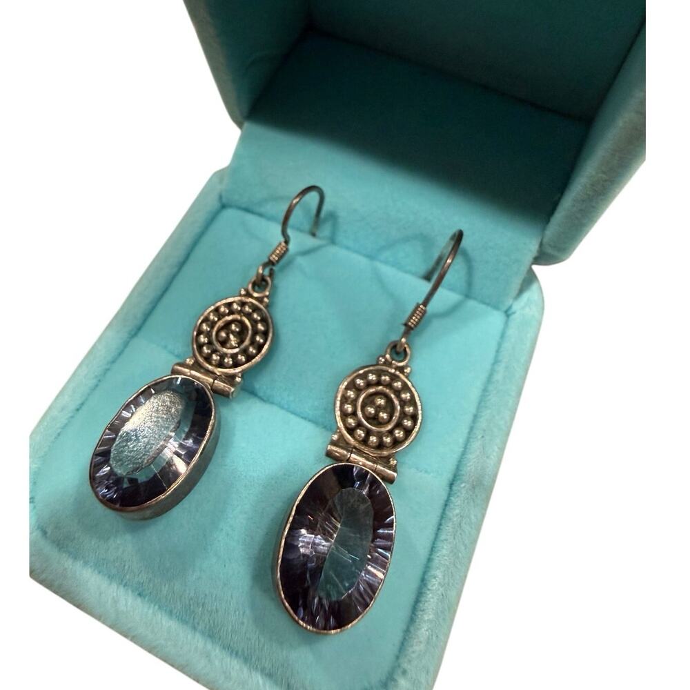 925 Sterling Silver Iolite Dangle Earrings Boho Indian Style Vintage Jewelry Art